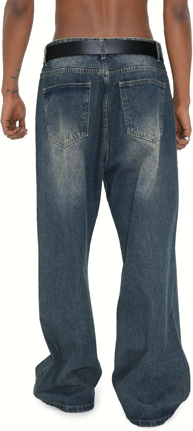 EMMIOL Mens Baggy Hip Hop Jeans Y2k Casual Wide Leg Pants Loose Fit Denim Skater Vintage Streetwear 90s