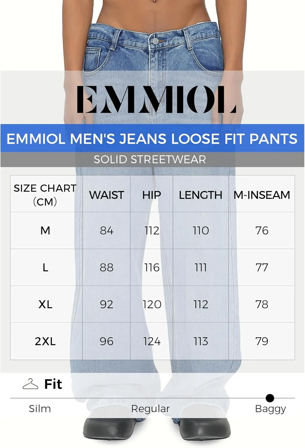 EMMIOL Mens Baggy Hip Hop Jeans Y2k Casual Wide Leg Pants Loose Fit Denim Skater Vintage Streetwear 90s