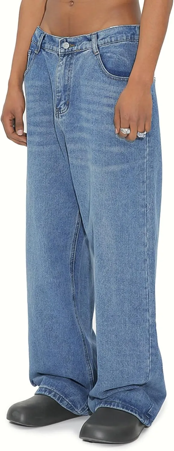 EMMIOL Mens Baggy Hip Hop Jeans Y2k Casual Wide Leg Pants Loose Fit Denim Skater Vintage Streetwear 90s