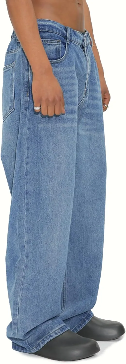 EMMIOL Mens Baggy Hip Hop Jeans Y2k Casual Wide Leg Pants Loose Fit Denim Skater Vintage Streetwear 90s
