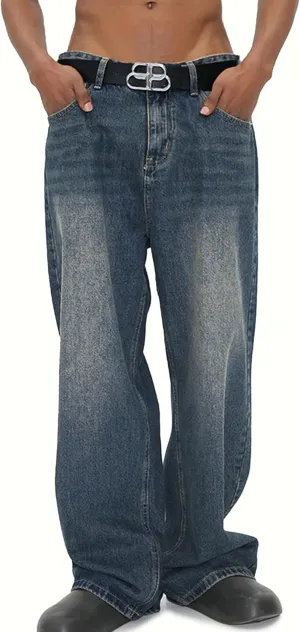 EMMIOL Mens Baggy Hip Hop Jeans Y2k Casual Wide Leg Pants Loose Fit Denim Skater Vintage Streetwear 90s