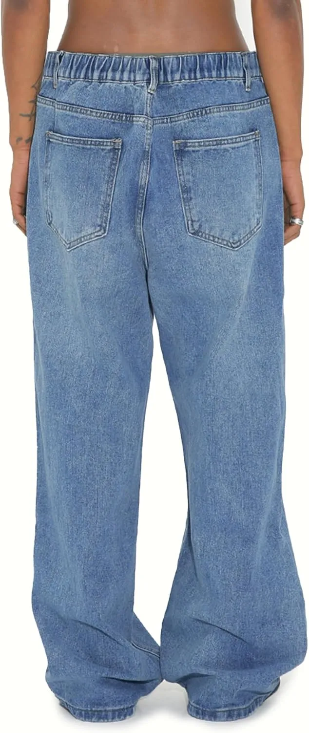 EMMIOL Mens Baggy Hip Hop Jeans Y2k Casual Wide Leg Pants Loose Fit Denim Skater Vintage Streetwear 90s