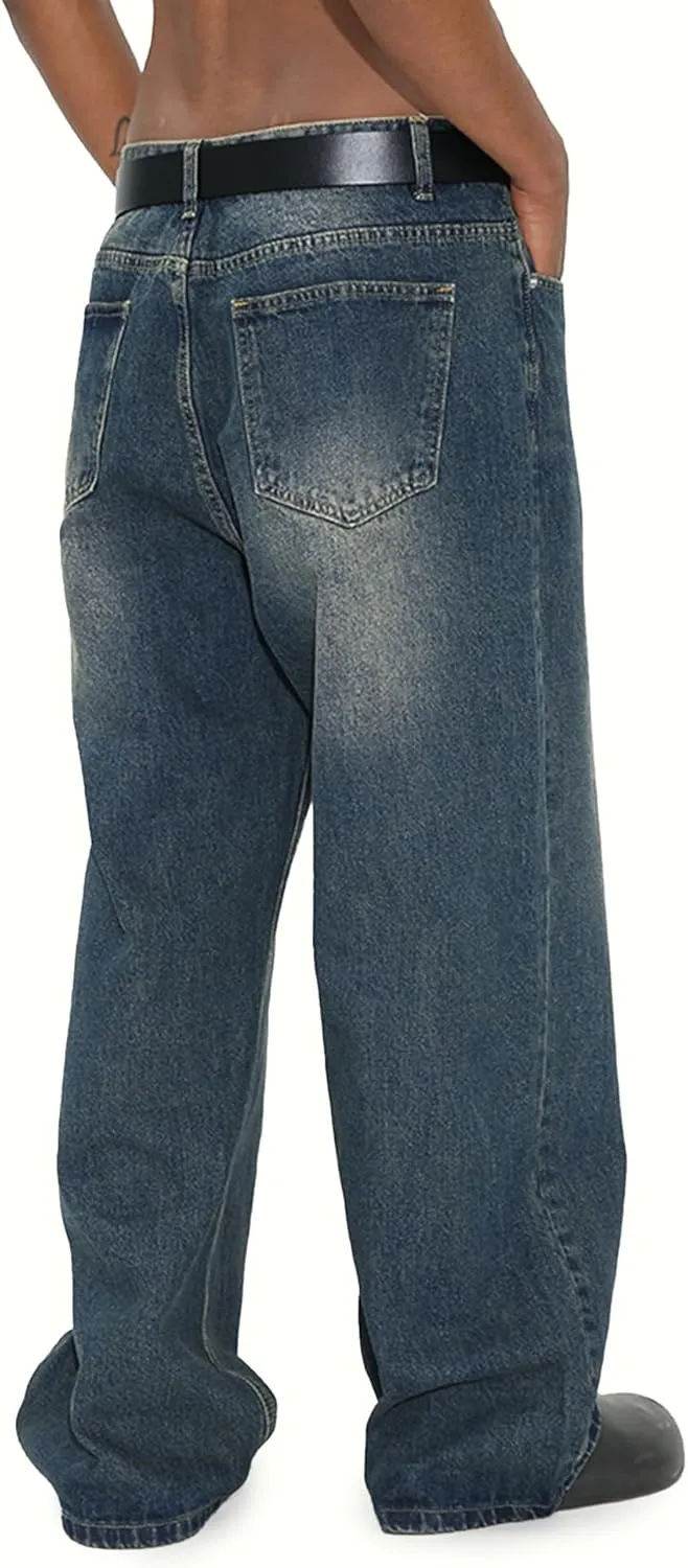 EMMIOL Mens Baggy Hip Hop Jeans Y2k Casual Wide Leg Pants Loose Fit Denim Skater Vintage Streetwear 90s