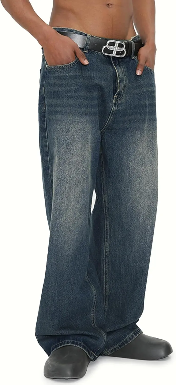 EMMIOL Mens Baggy Hip Hop Jeans Y2k Casual Wide Leg Pants Loose Fit Denim Skater Vintage Streetwear 90s