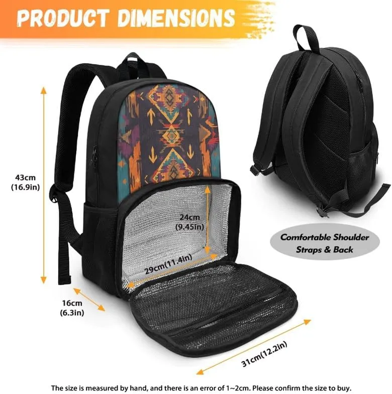 Ethnic Retro Rhombic Print Lunch Backpack for Women Men Aztec Tribal Brown Geometry Stripe Pattern Travel Durable Backpack Backpack with Soft Shoulder Straps