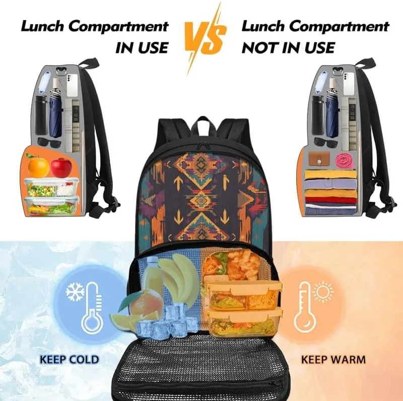 Ethnic Retro Rhombic Print Lunch Backpack for Women Men Aztec Tribal Brown Geometry Stripe Pattern Travel Durable Backpack Backpack with Soft Shoulder Straps