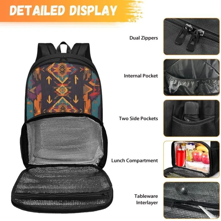 Ethnic Retro Rhombic Print Lunch Backpack for Women Men Aztec Tribal Brown Geometry Stripe Pattern Travel Durable Backpack Backpack with Soft Shoulder Straps