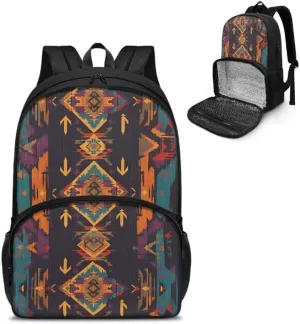 Ethnic Retro Rhombic Print Lunch Backpack for Women Men Aztec Tribal Brown Geometry Stripe Pattern Travel Durable Backpack Backpack with Soft Shoulder Straps