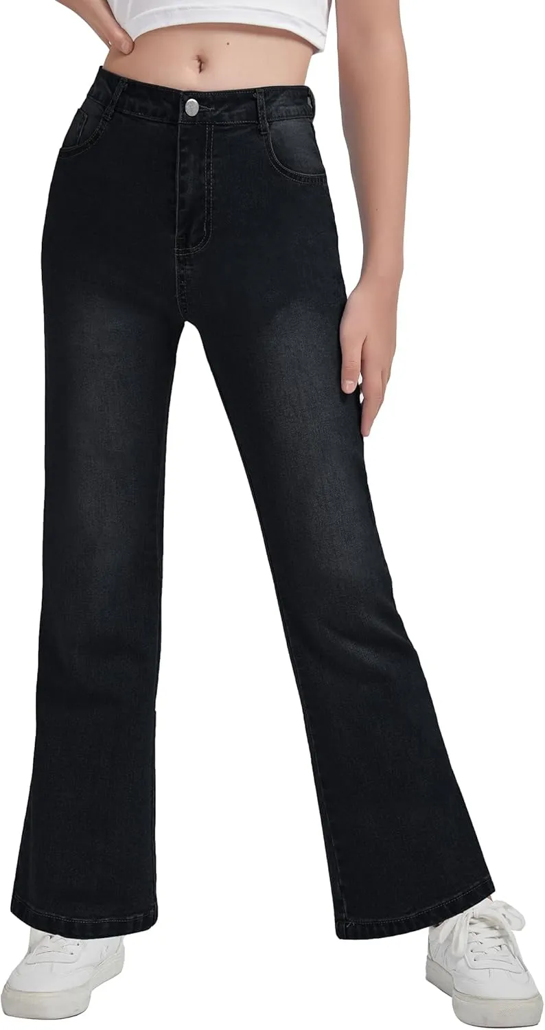 EXARUS Girls Wide Leg/Flare Jeans Bow Embroidery/Leopard Print Denim Pants with Pockets Casual for Kids 6-14Y