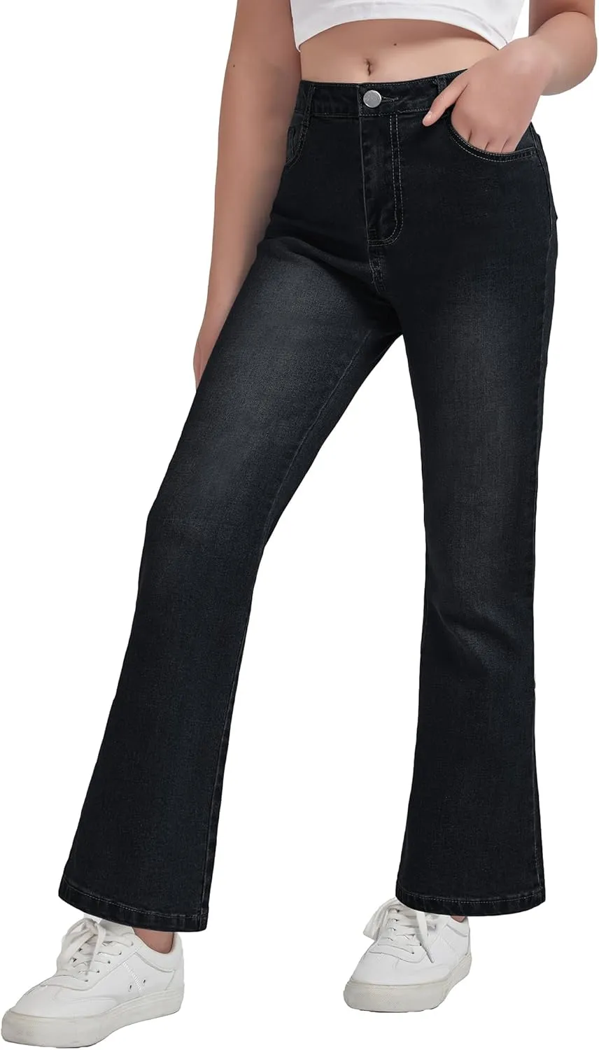 EXARUS Girls Wide Leg/Flare Jeans Bow Embroidery/Leopard Print Denim Pants with Pockets Casual for Kids 6-14Y