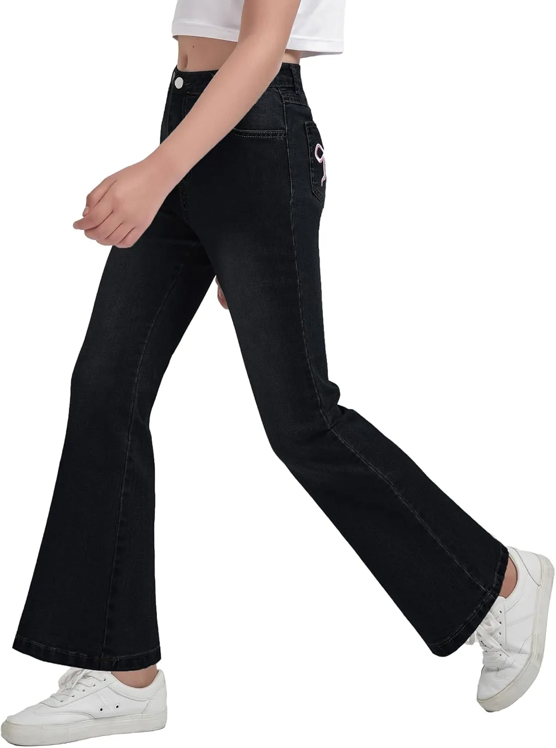 EXARUS Girls Wide Leg/Flare Jeans Bow Embroidery/Leopard Print Denim Pants with Pockets Casual for Kids 6-14Y