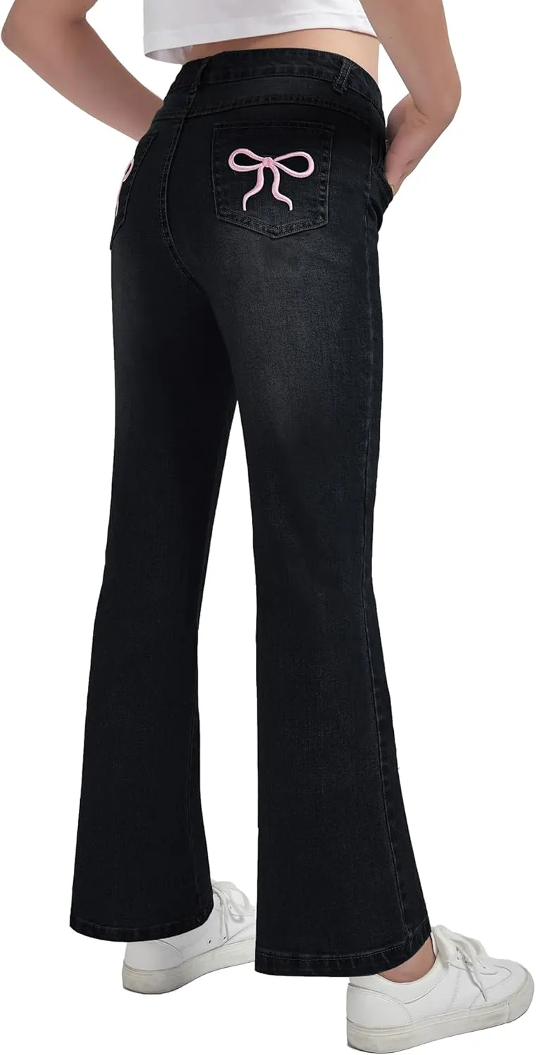 EXARUS Girls Wide Leg/Flare Jeans Bow Embroidery/Leopard Print Denim Pants with Pockets Casual for Kids 6-14Y