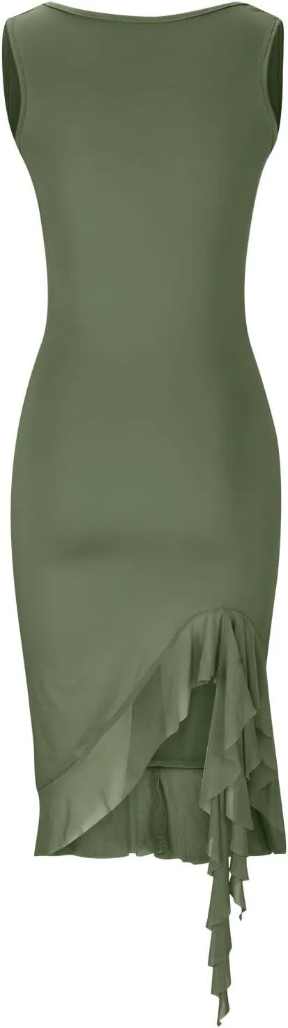 Fashion Womens Bodycon Sleeveless Dresses Elegant Crewneck Ruffle Irregular Hem Dress Prom Mini Cocktail Party Gowns