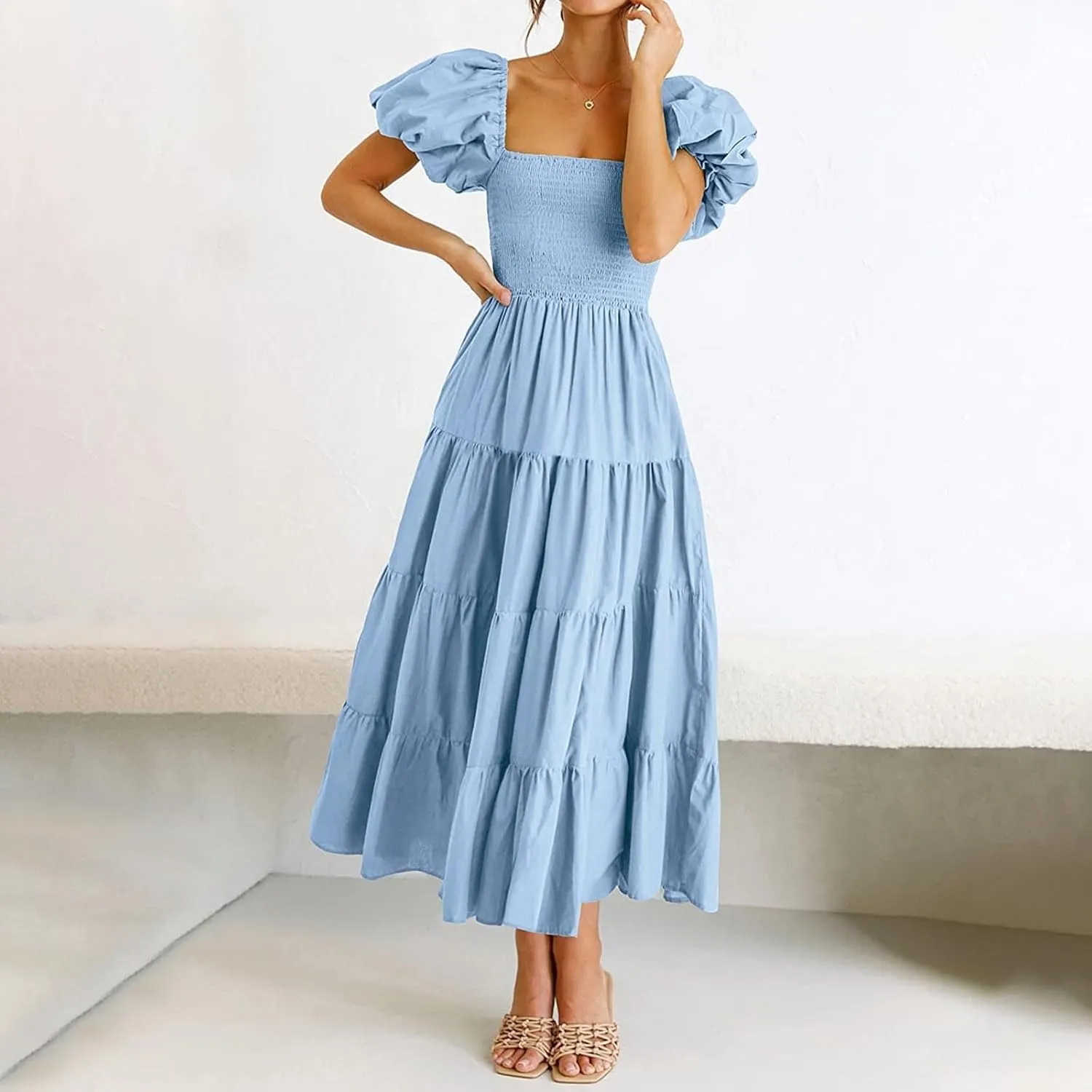 Firzero Womens Summer Dresses Casual Ruffle Cap Short Sleeve Elastic Waist Long Dress V Neck Wedding Guest A Line Maxi Dress