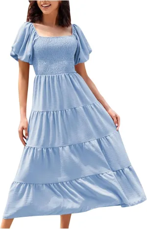 Firzero Womens Summer Dresses Casual Ruffle Cap Short Sleeve Elastic Waist Long Dress V Neck Wedding Guest A Line Maxi Dress