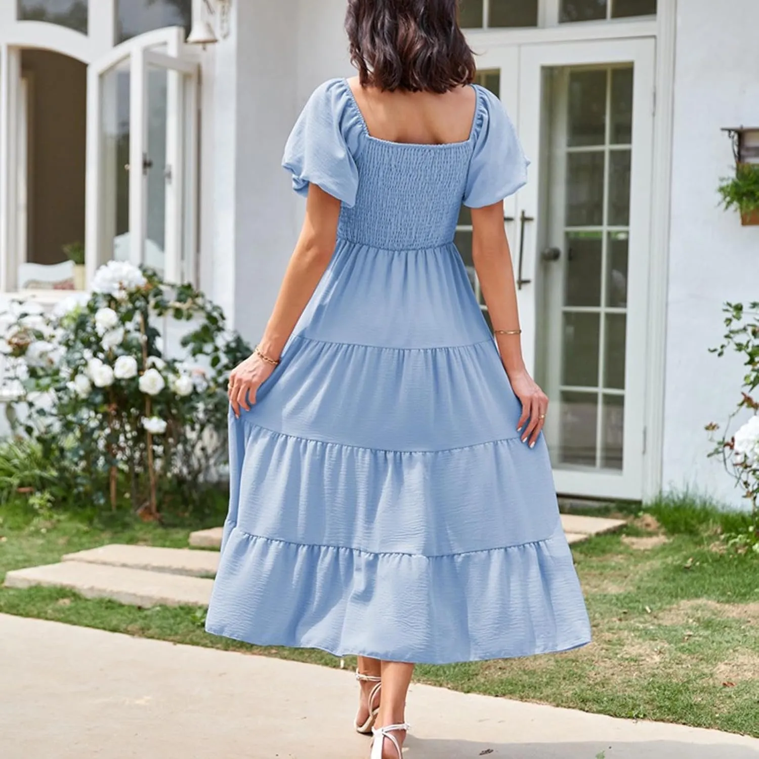 Firzero Womens Summer Dresses Casual Ruffle Cap Short Sleeve Elastic Waist Long Dress V Neck Wedding Guest A Line Maxi Dress