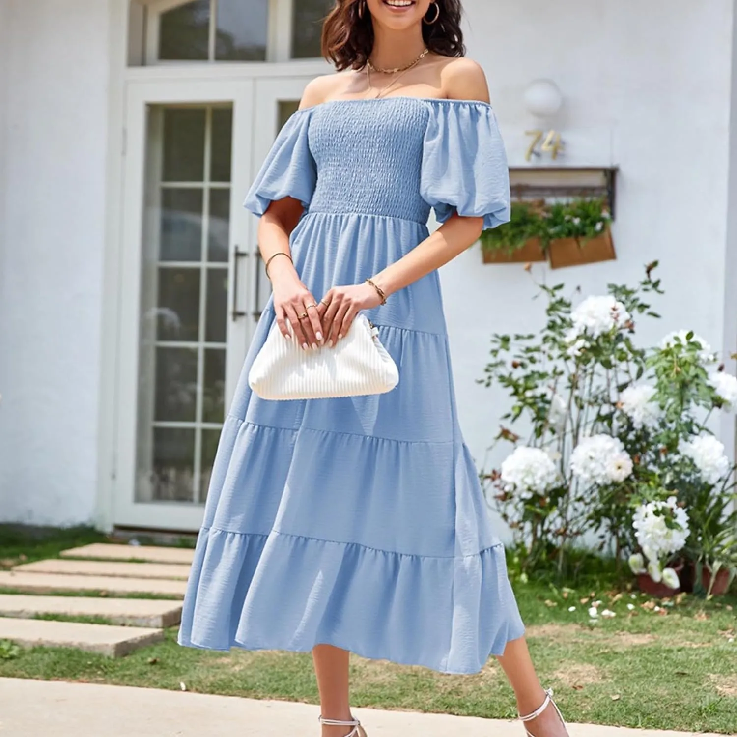 Firzero Womens Summer Dresses Casual Ruffle Cap Short Sleeve Elastic Waist Long Dress V Neck Wedding Guest A Line Maxi Dress
