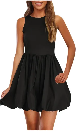 Flared Flowy Dress for Women Sleeveless Casual Ladies Mini A Line Party Pockets Summer