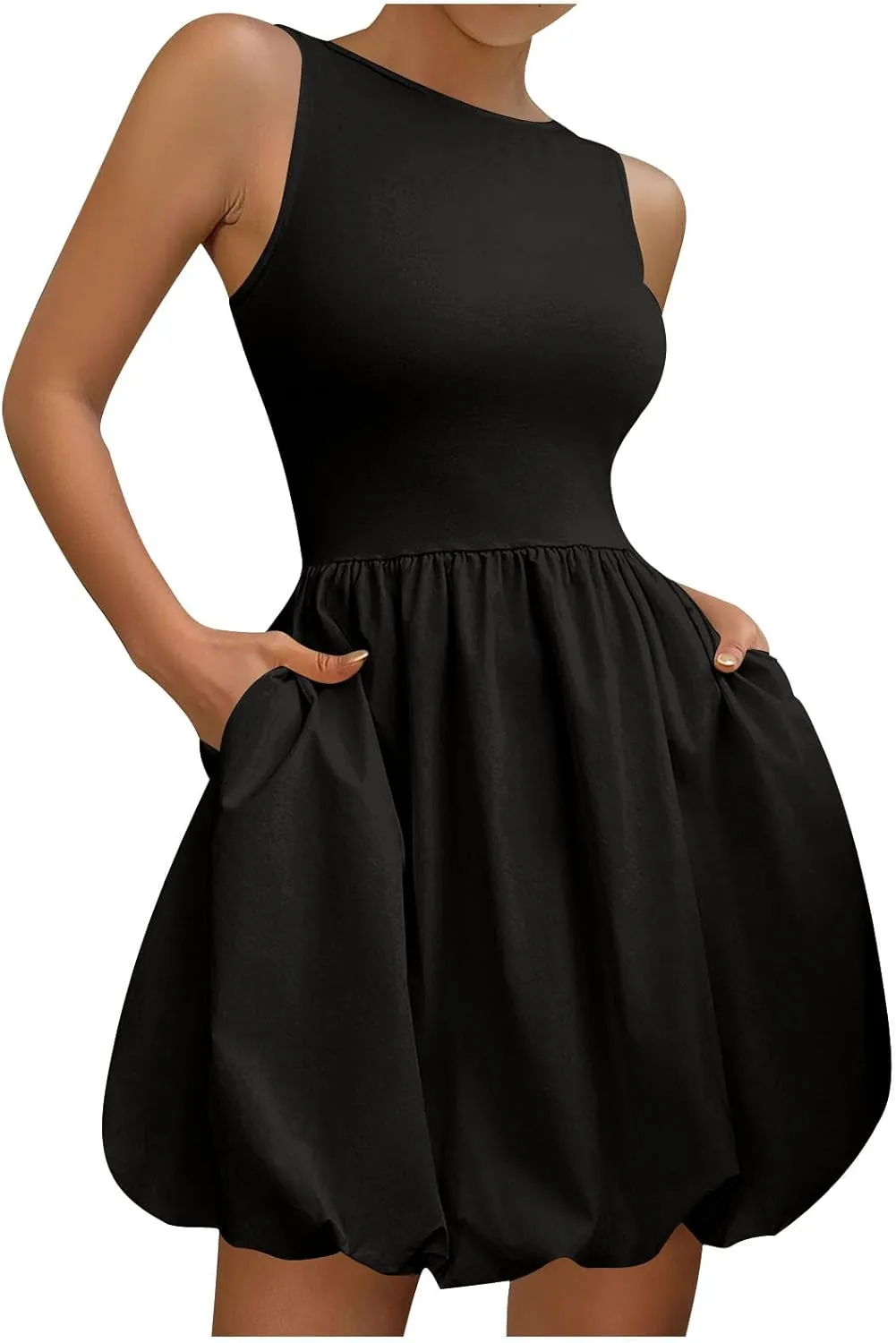 Flared Flowy Dress for Women Sleeveless Casual Ladies Mini A Line Party Pockets Summer