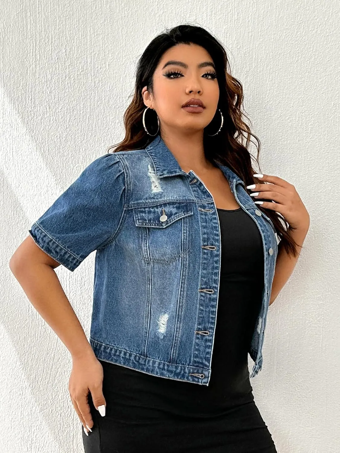 Floerns Women's Plus Size Button Up Distressed Short Sleeve Denim Jacket with Pockets