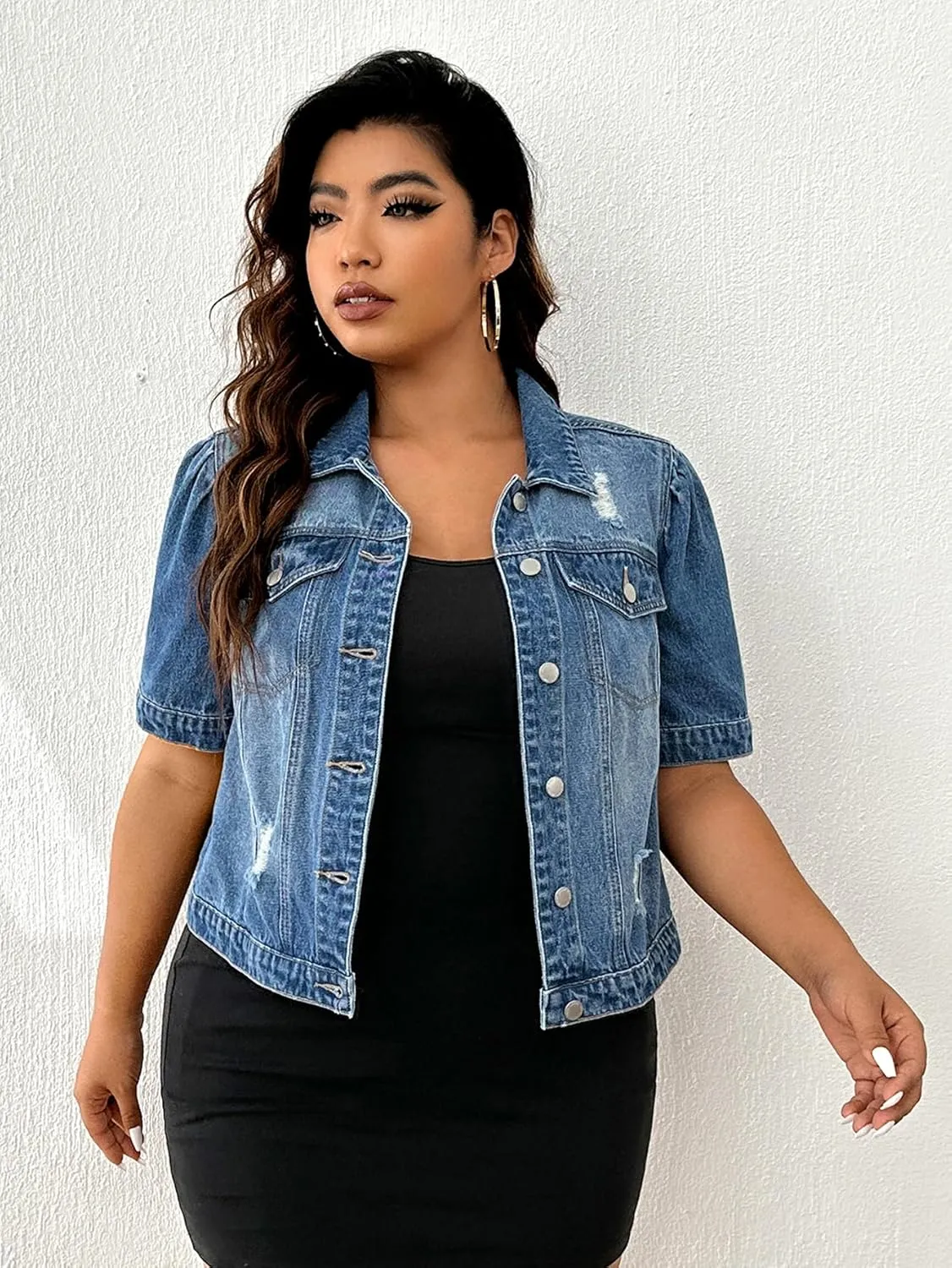Floerns Women's Plus Size Button Up Distressed Short Sleeve Denim Jacket with Pockets