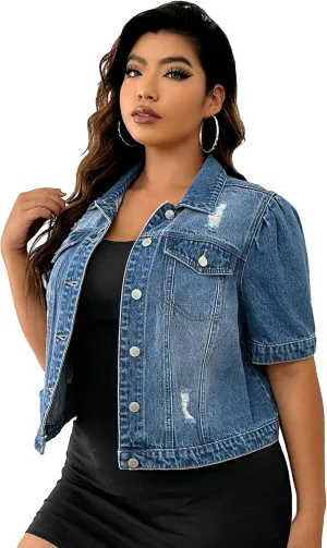 Floerns Women's Plus Size Button Up Distressed Short Sleeve Denim Jacket with Pockets