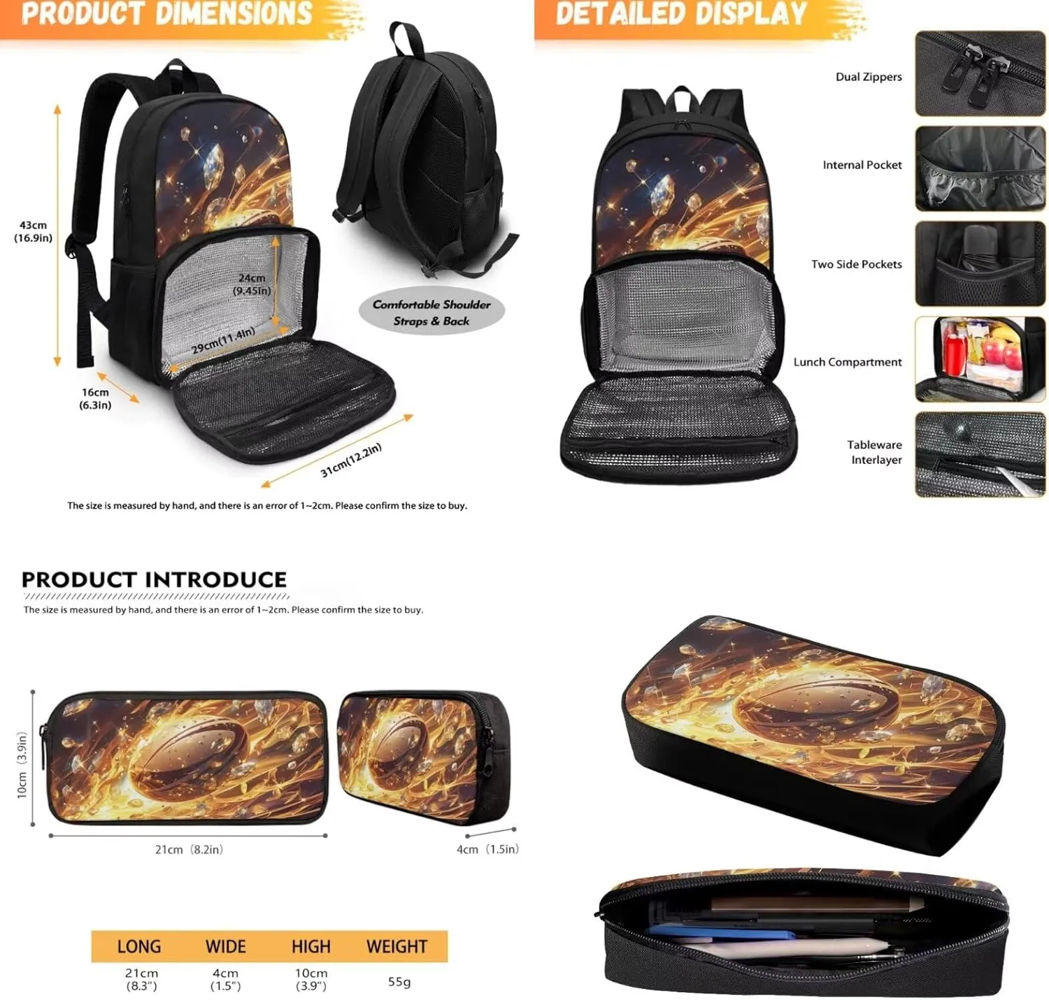 Football Backpack for School Boys Bookbag Lunch Backpack with Pencil Case Lunch Backpack with Insulated Cooler Compartment, Laptop Backpack for College Middle High School