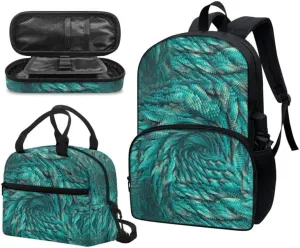 Fractal Art Abstract Backpack 3 Pcs Pixel Style School Bag Turquoise Green Gradient Bookbag Crossbody Color Art Lunch Box Pencil Case Elementary School Boys Girls