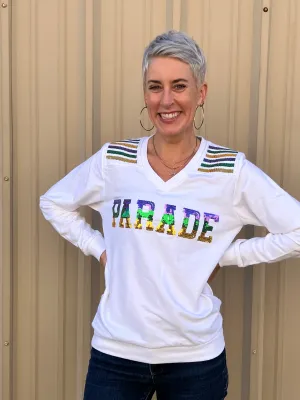 French Terry Adult Sequin PARADE Shirt - White