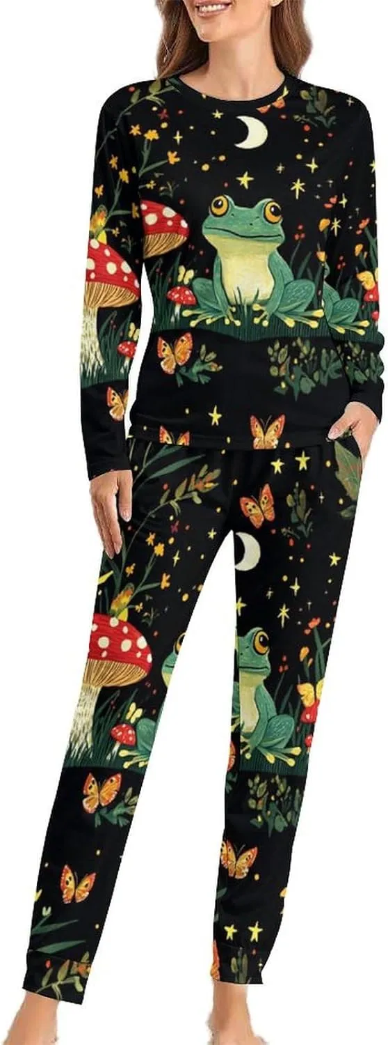 Frogs Toads Red Mushrooms Grass Pajama Sets for Women 2 Piece Long Sleeve Top And Pants Soft Sleepwear Loungewear Set