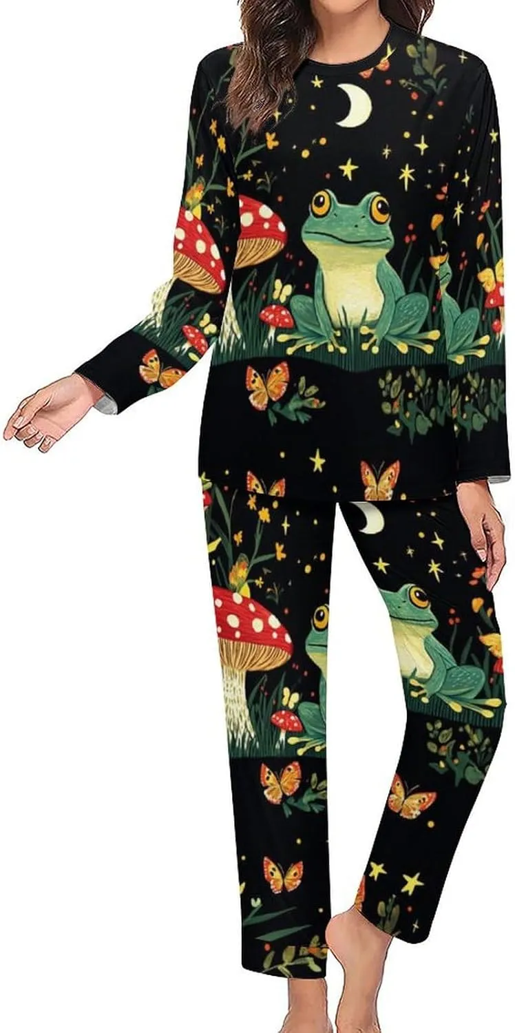 Frogs Toads Red Mushrooms Grass Pajama Sets for Women 2 Piece Long Sleeve Top And Pants Soft Sleepwear Loungewear Set
