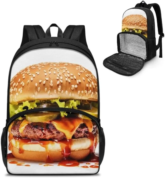 Funny Hamburger Pattern Carry On Backpack Cartoon Beef Burger Print Travel Work Laptop Bag Lunch Backpack 17 Inch Person Item Bookbag
