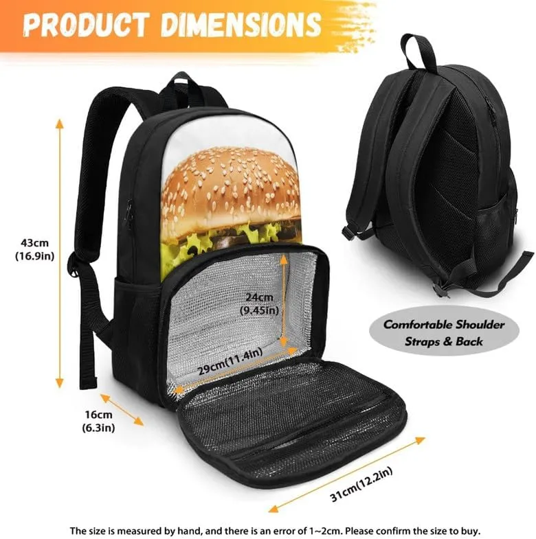 Funny Hamburger Pattern Carry On Backpack Cartoon Beef Burger Print Travel Work Laptop Bag Lunch Backpack 17 Inch Person Item Bookbag