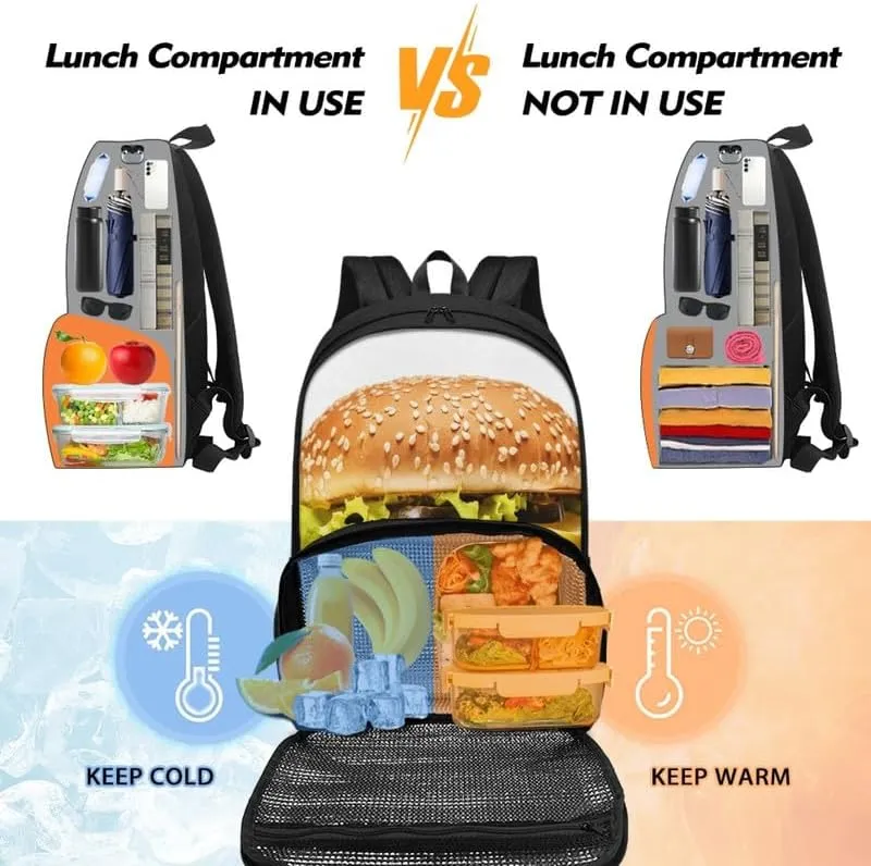 Funny Hamburger Pattern Carry On Backpack Cartoon Beef Burger Print Travel Work Laptop Bag Lunch Backpack 17 Inch Person Item Bookbag