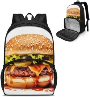 Funny Hamburger Pattern Carry On Backpack Cartoon Beef Burger Print Travel Work Laptop Bag Lunch Backpack 17 Inch Person Item Bookbag