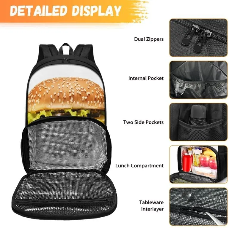 Funny Hamburger Pattern Carry On Backpack Cartoon Beef Burger Print Travel Work Laptop Bag Lunch Backpack 17 Inch Person Item Bookbag