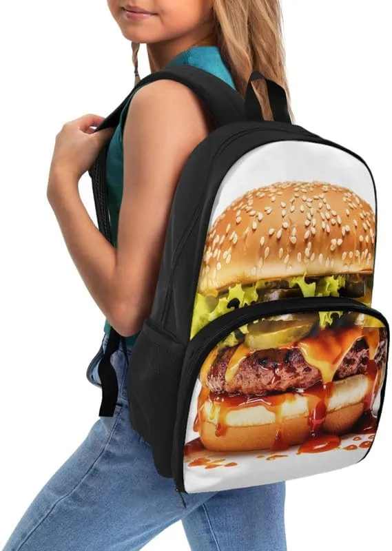 Funny Hamburger Pattern Carry On Backpack Cartoon Beef Burger Print Travel Work Laptop Bag Lunch Backpack 17 Inch Person Item Bookbag