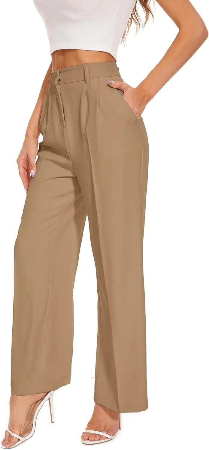 FUNYYZO Wide Leg Pants Women's High Elastic Waisted in The Back Business Work Trousers Long Straight Suit Pants