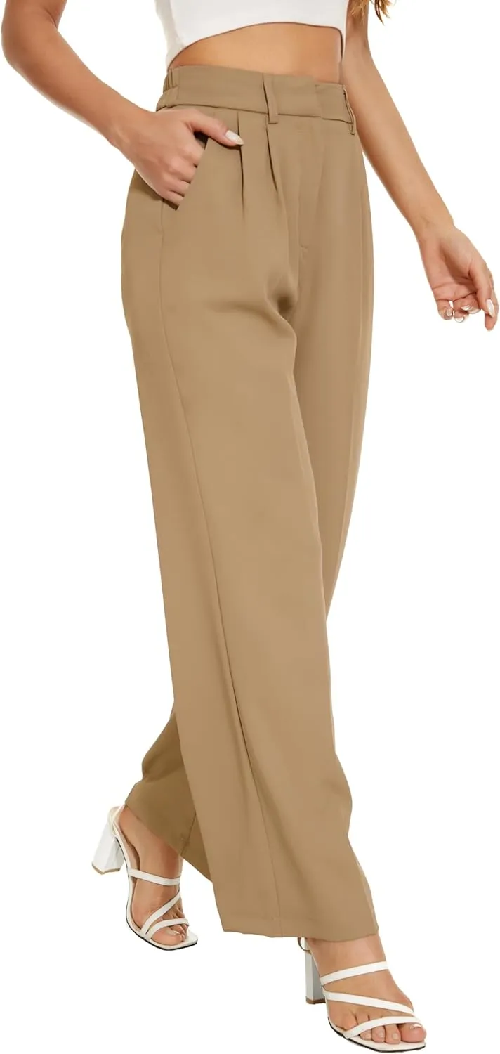 FUNYYZO Wide Leg Pants Women's High Elastic Waisted in The Back Business Work Trousers Long Straight Suit Pants