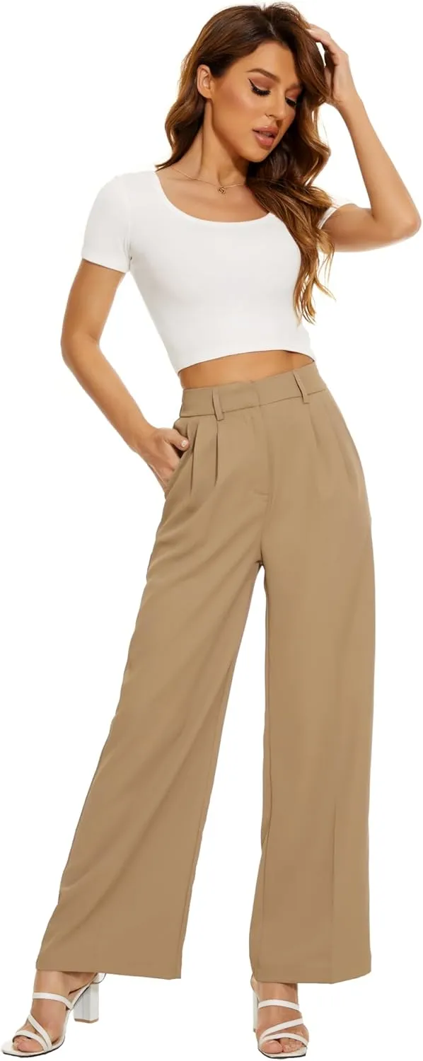 FUNYYZO Wide Leg Pants Women's High Elastic Waisted in The Back Business Work Trousers Long Straight Suit Pants