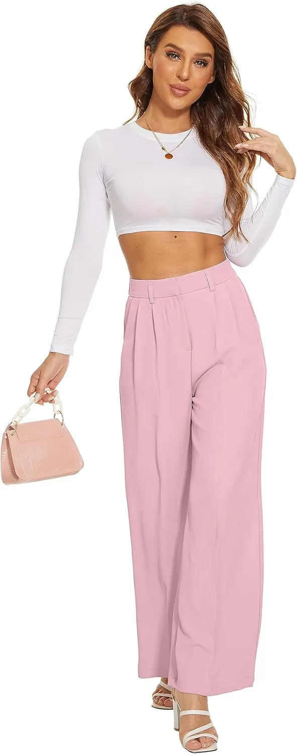 FUNYYZO Wide Leg Pants Women's High Elastic Waisted in The Back Business Work Trousers Long Straight Suit Pants