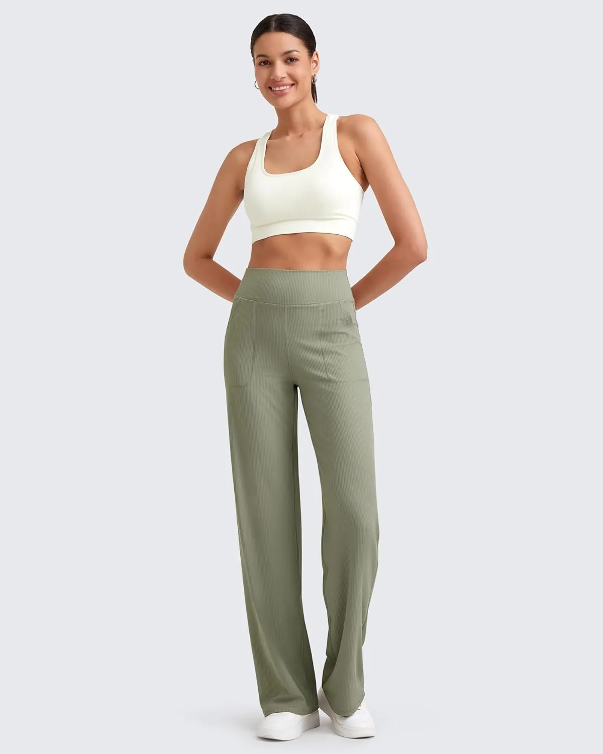 G4Free Women Casual Ribbed Wide Leg Pants with Pockets Lightweight High Waist Yoga Pants Petite/Regular/Tall