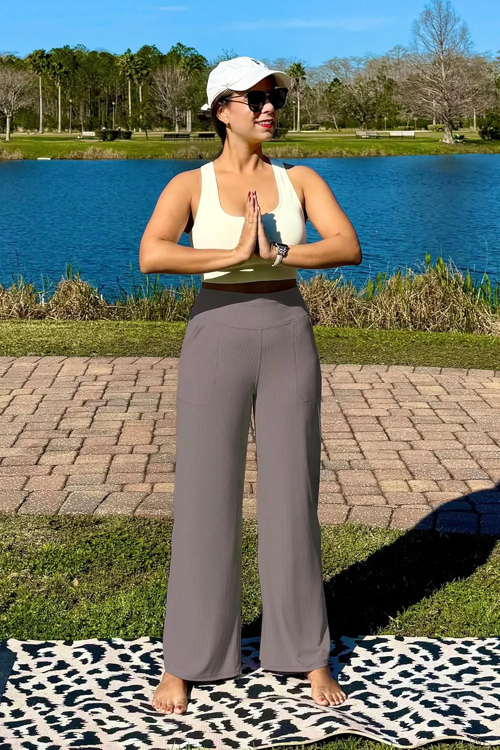G4Free Women Casual Ribbed Wide Leg Pants with Pockets Lightweight High Waist Yoga Pants Petite/Regular/Tall