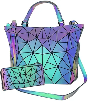 Geometric Purse Reflective Handbag Lattice Luminous Shoulder Bag Holographic Cross-Body Bag Geometry Lingge Purse for Women