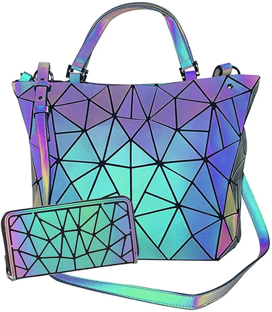 Geometric Purse Reflective Handbag Lattice Luminous Shoulder Bag Holographic Cross-Body Bag Geometry Lingge Purse for Women