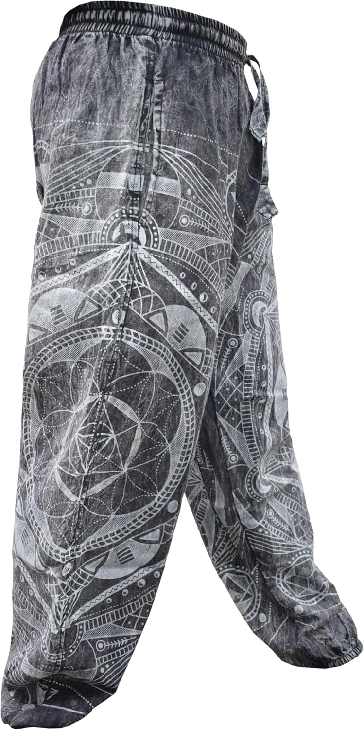 Gheri Mens Stone Washed Boho Print Harem Trousers Elastic Waist Beach Pants