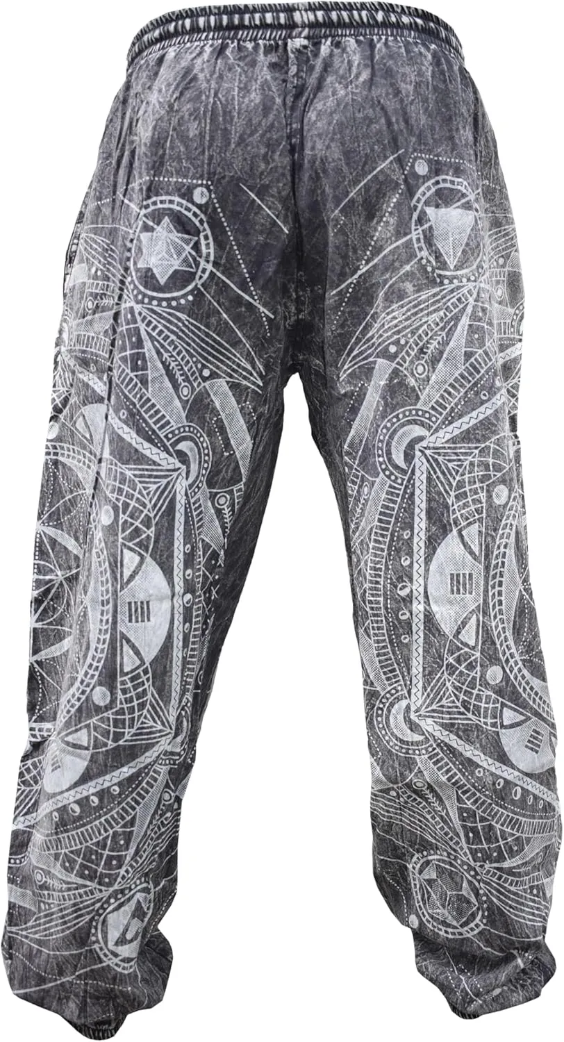 Gheri Mens Stone Washed Boho Print Harem Trousers Elastic Waist Beach Pants