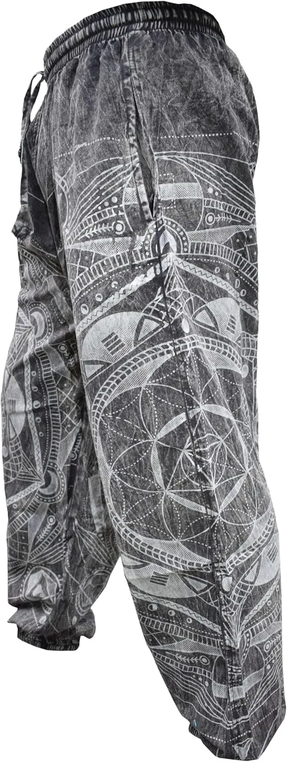 Gheri Mens Stone Washed Boho Print Harem Trousers Elastic Waist Beach Pants