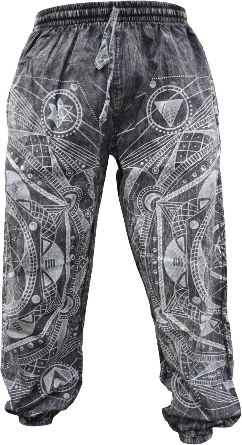 Gheri Mens Stone Washed Boho Print Harem Trousers Elastic Waist Beach Pants