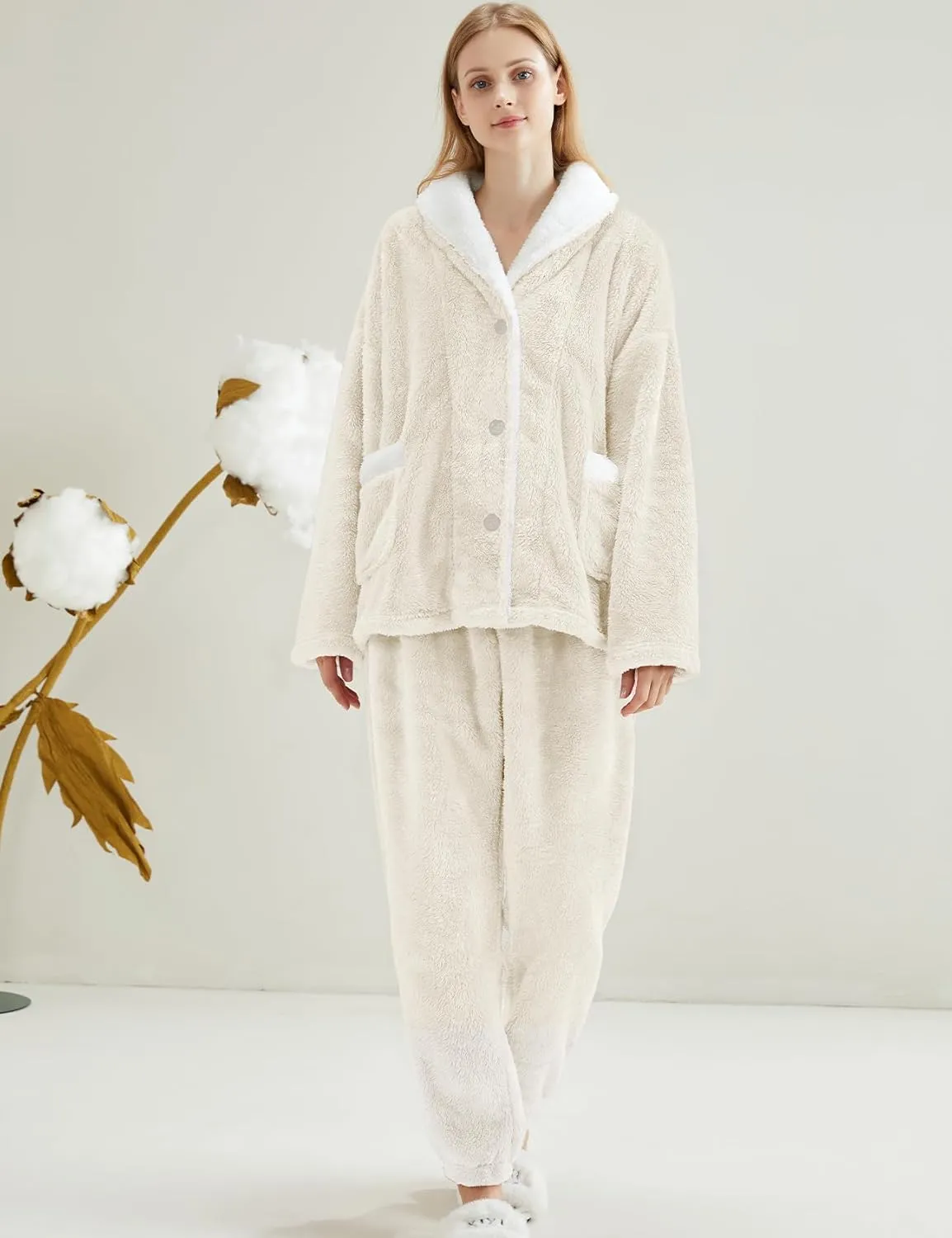 Gihuo Womens Pajamas Set Fluffy 2 Piece Pjs Fuzzy Top Pants Loose Coral Fleece Loungewear Sleepwear Winter Warm Pj